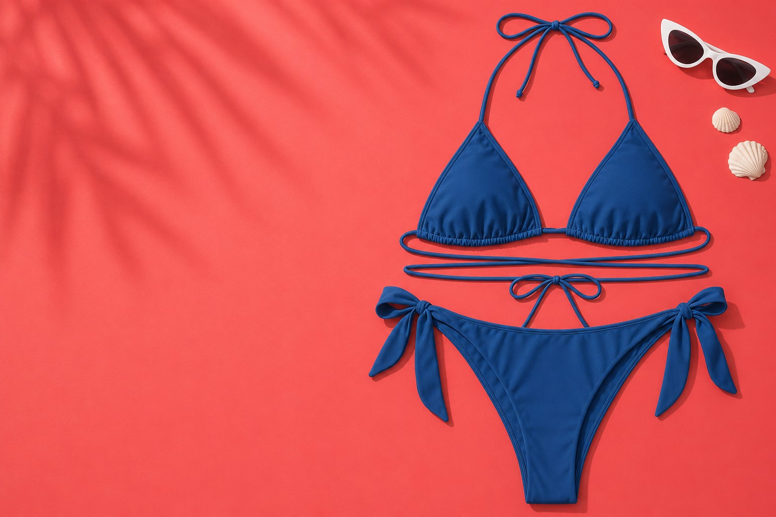 Triangel Bikini in Ozeanblau auf korallenrotem Hintergrund