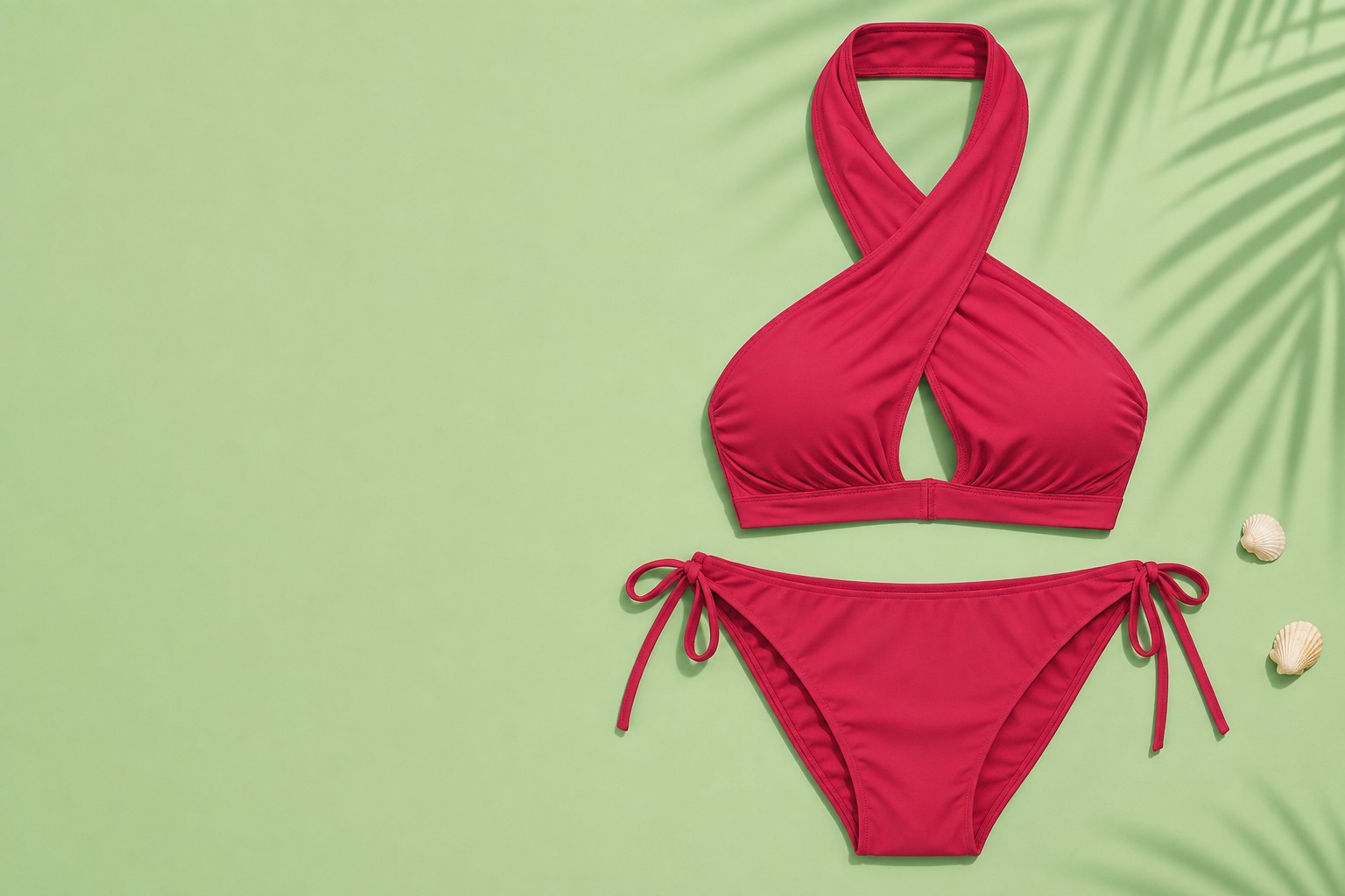 Cross-Halter Bikini in Kirschrot auf mintgruenem Hintergrund