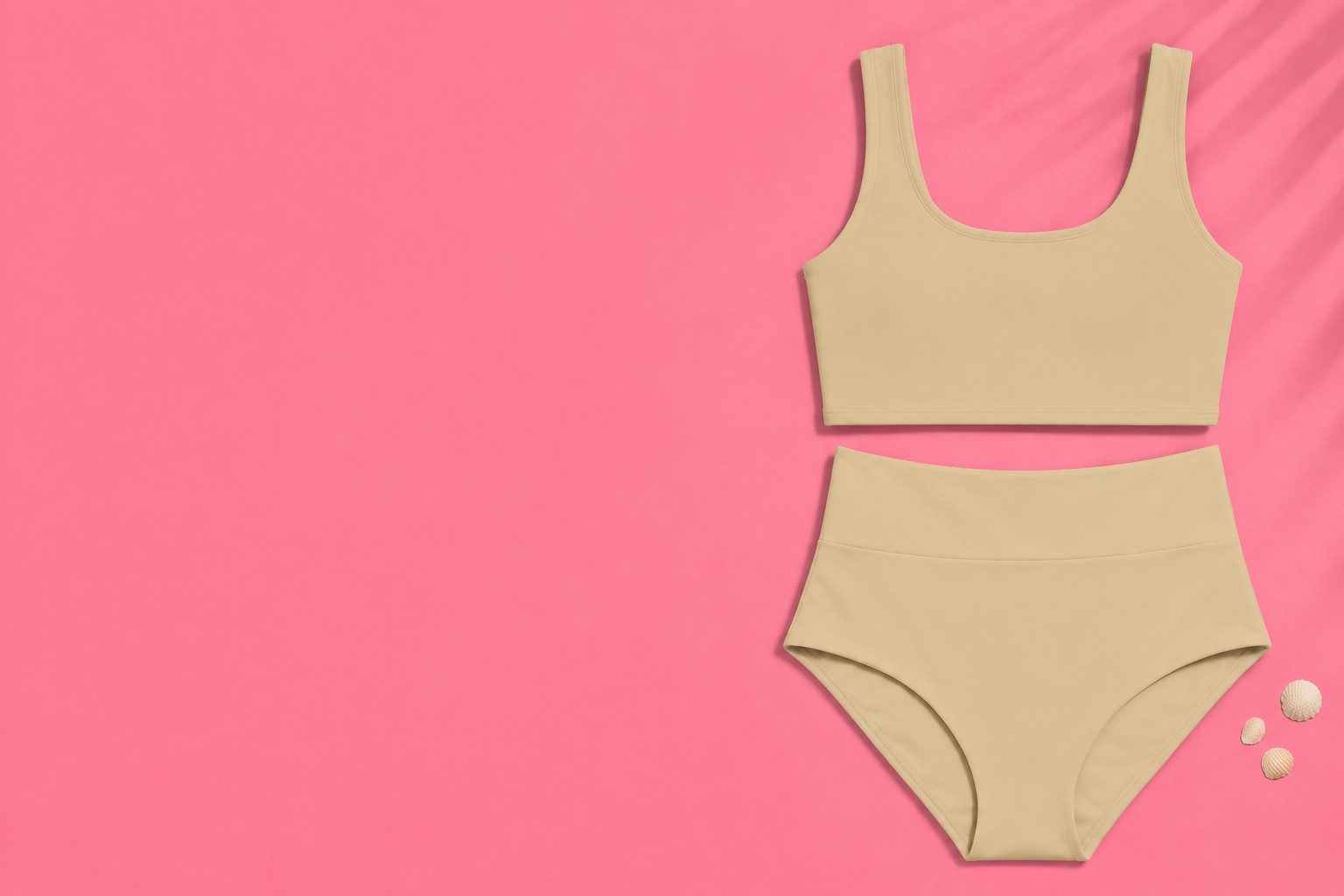 Sporty Bustier und High-Waist Shaping in Champagner-Gold auf pinkem Hintergrund