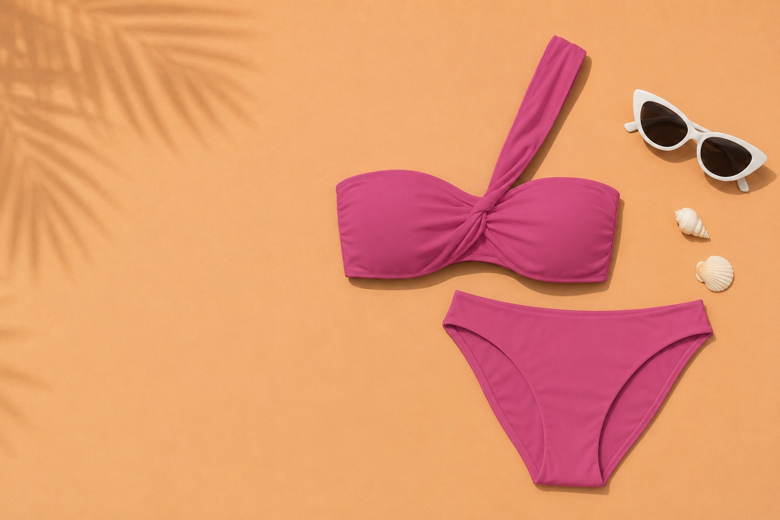 Pinker MARENI Bandeau Bikini Flatlay mit Sonnenbrille und Muscheln